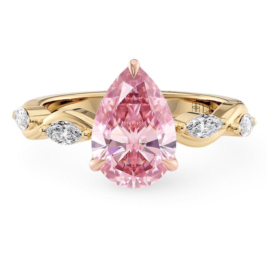 Load image into Gallery viewer, LUCCE ROSÉ Pink Pear cut Diamond Ring with Marquise Accents in Intertwining Vines and Petal Prongs Mid Setting Engagement Ring in Gold or Platinum 

