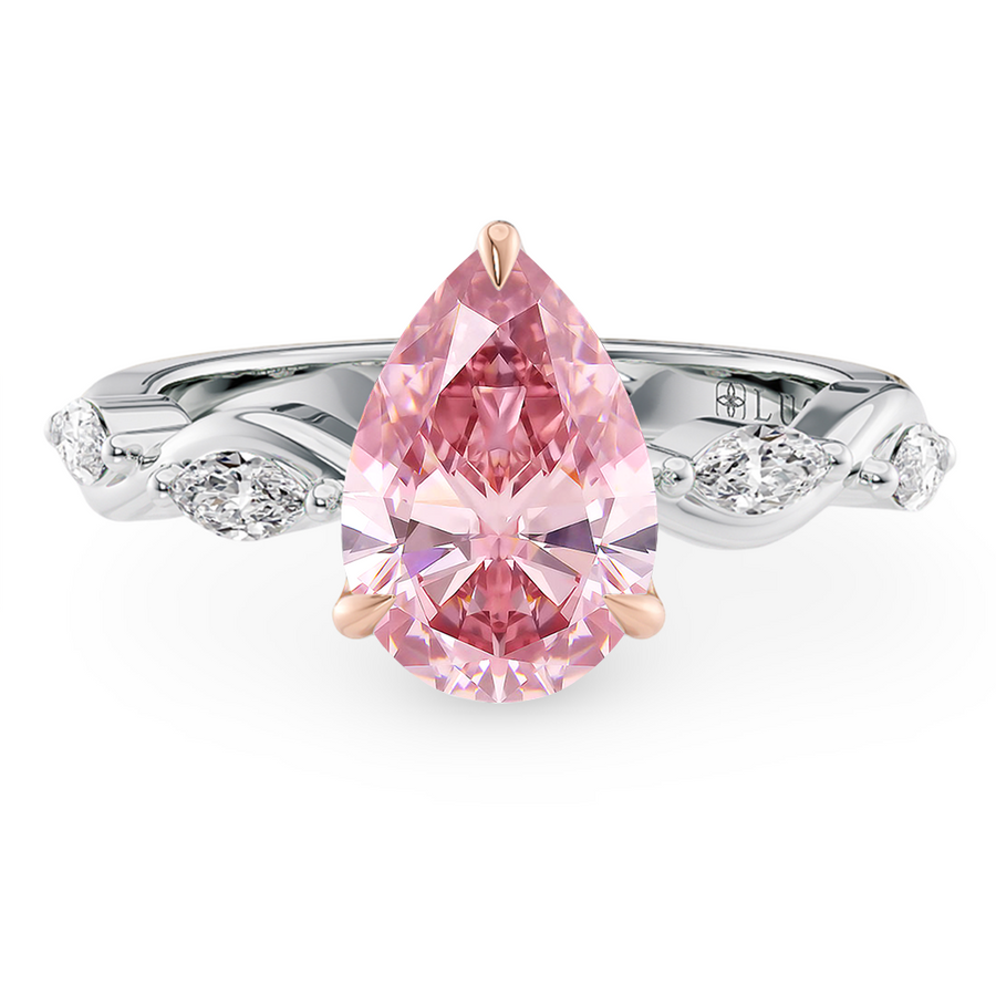 Load image into Gallery viewer, LUCCE ROSÉ Pink Pear cut Diamond Ring with Marquise Accents in Intertwining Vines and Petal Prongs Mid Setting Engagement Ring in Gold or Platinum 
