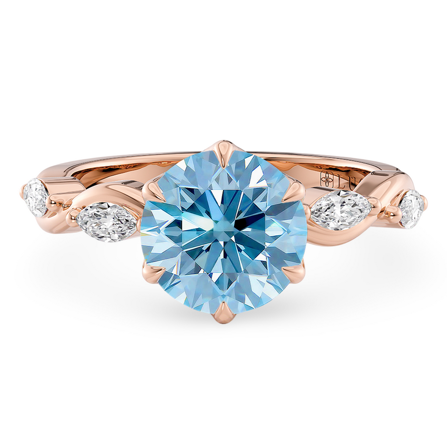 Load image into Gallery viewer, LUCCE OCEAN Blue Round Diamond Ring with Marquise Accents in Intertwining Vines and Petal Prongs Mid Setting Engagement Ring in Gold or Platinum 
