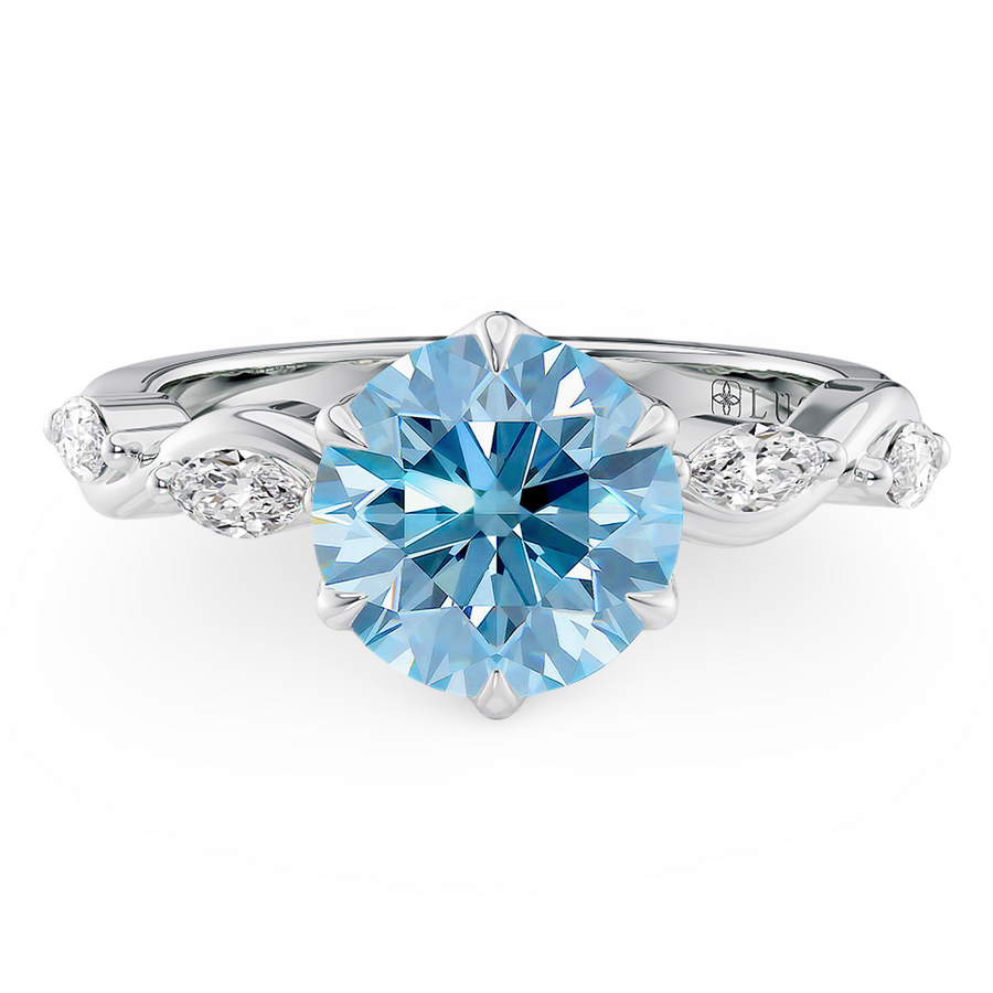 Load image into Gallery viewer, LUCCE OCEAN Blue Round Diamond Ring with Marquise Accents in Intertwining Vines and Petal Prongs Mid Setting Engagement Ring in Gold or Platinum 
