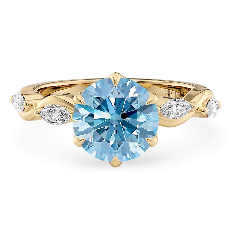 Load image into Gallery viewer, LUCCE OCEAN Blue Round Diamond Ring with Marquise Accents in Intertwining Vines and Petal Prongs Mid Setting Engagement Ring in Gold or Platinum 
