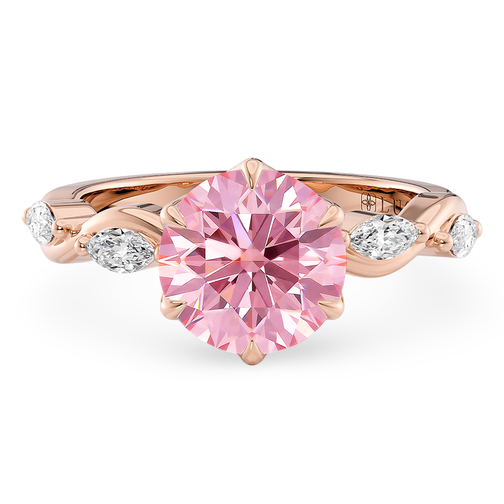 Load image into Gallery viewer, LUCCE ROSÉ Pink Round Diamond Ring with Marquise Accents in Intertwining Vines and Petal Prongs Mid Setting Engagement Ring in Gold or Platinum 
