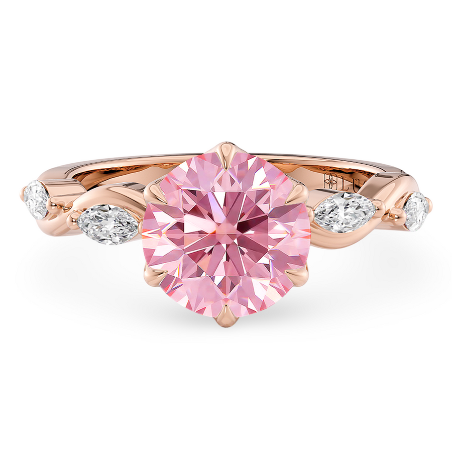 Load image into Gallery viewer, LUCCE ROSÉ Pink Round Diamond Ring with Marquise Accents in Intertwining Vines and Petal Prongs Mid Setting Engagement Ring in Gold or Platinum 
