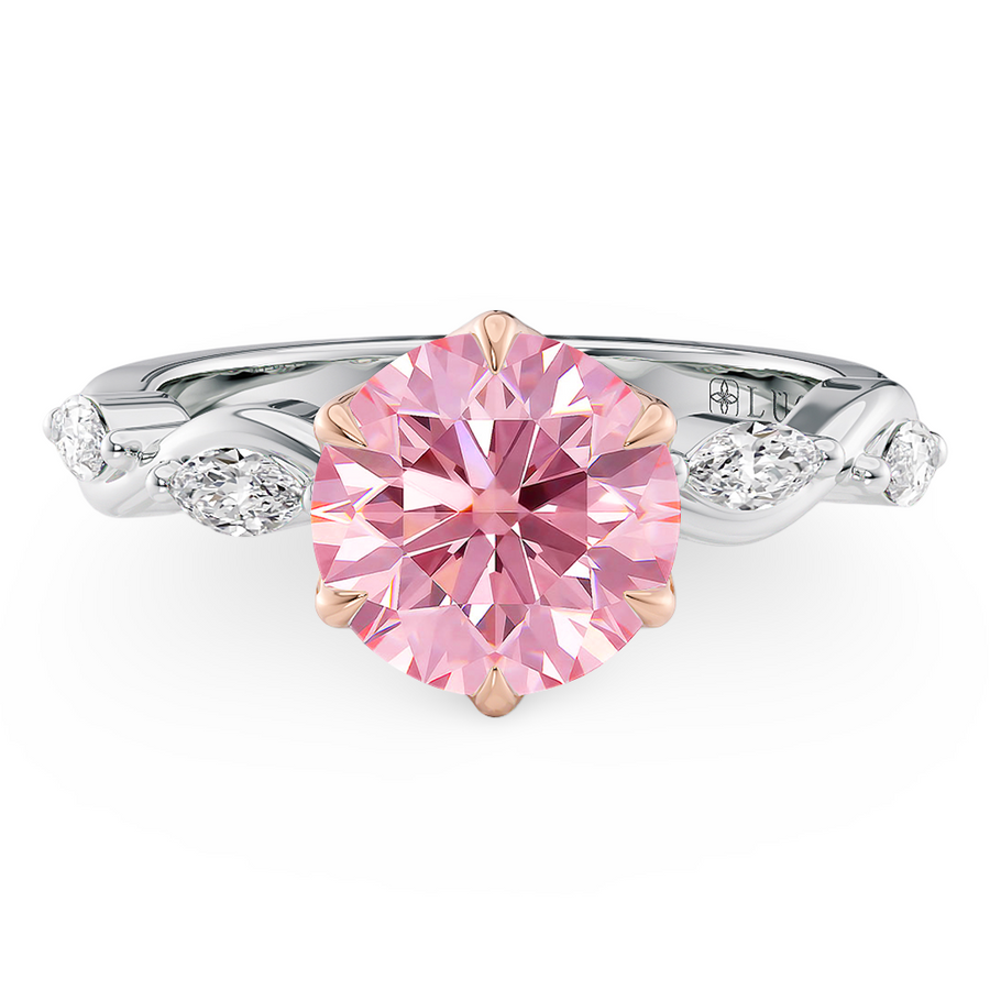 Load image into Gallery viewer, LUCCE ROSÉ Pink Round Diamond Ring with Marquise Accents in Intertwining Vines and Petal Prongs Mid Setting Engagement Ring in Gold or Platinum 
