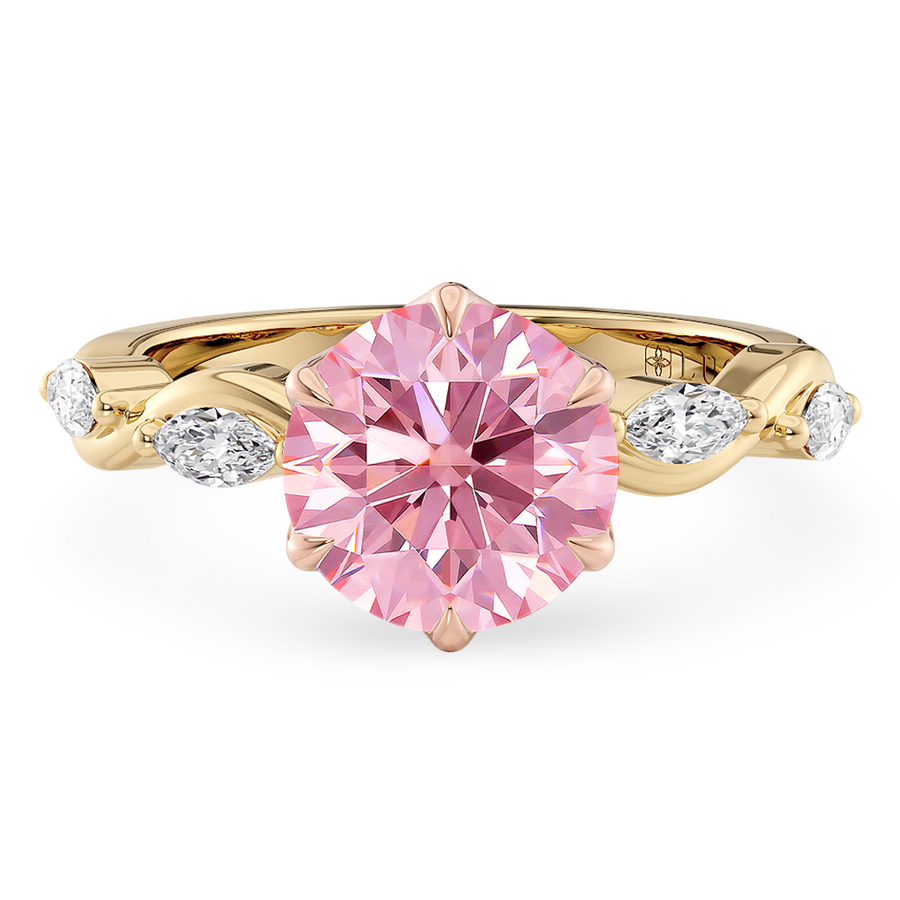 Load image into Gallery viewer, LUCCE ROSÉ Pink Round Diamond Ring with Marquise Accents in Intertwining Vines and Petal Prongs Mid Setting Engagement Ring in Gold or Platinum 
