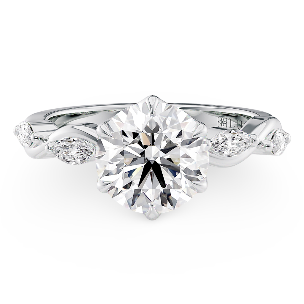 Load image into Gallery viewer, Constance Petal Round Engagement Ring with Lab or Natural Diamond and marquise accents in Gold or Platinum
Lucce, Manila, Philippines

