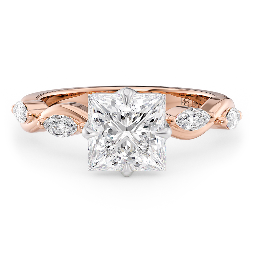 Load image into Gallery viewer, LUCCE Princess Diamond Ring with Marquise Accents in Intertwining Vines and Petal Prongs Mid Setting Engagement Ring in Gold or Platinum 
