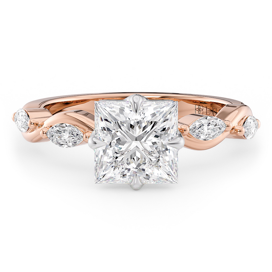 Load image into Gallery viewer, LUCCE Princess Diamond Ring with Marquise Accents in Intertwining Vines and Petal Prongs Mid Setting Engagement Ring in Gold or Platinum 
