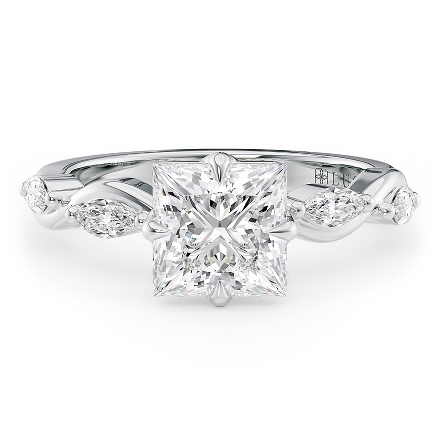Load image into Gallery viewer, LUCCE Princess Diamond Ring with Marquise Accents in Intertwining Vines and Petal Prongs Mid Setting Engagement Ring in Gold or Platinum 
