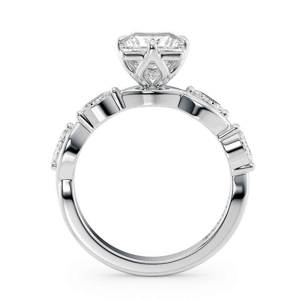 Load image into Gallery viewer, LUCCE Princess Diamond Ring with Marquise Accents in Intertwining Vines and Petal Prongs Mid Setting Engagement Ring in Gold or Platinum 

