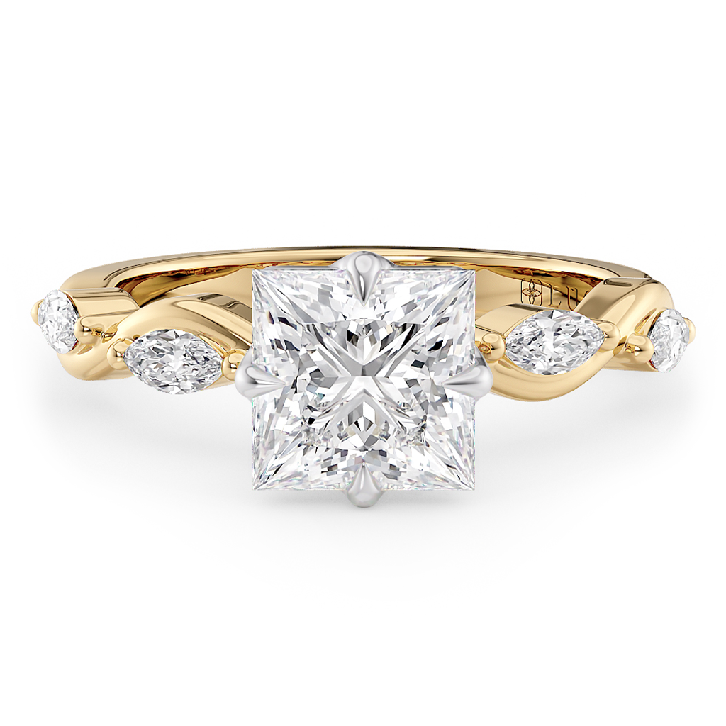 Load image into Gallery viewer, LUCCE Princess Diamond Ring with Marquise Accents in Intertwining Vines and Petal Prongs Mid Setting Engagement Ring in Gold or Platinum 
