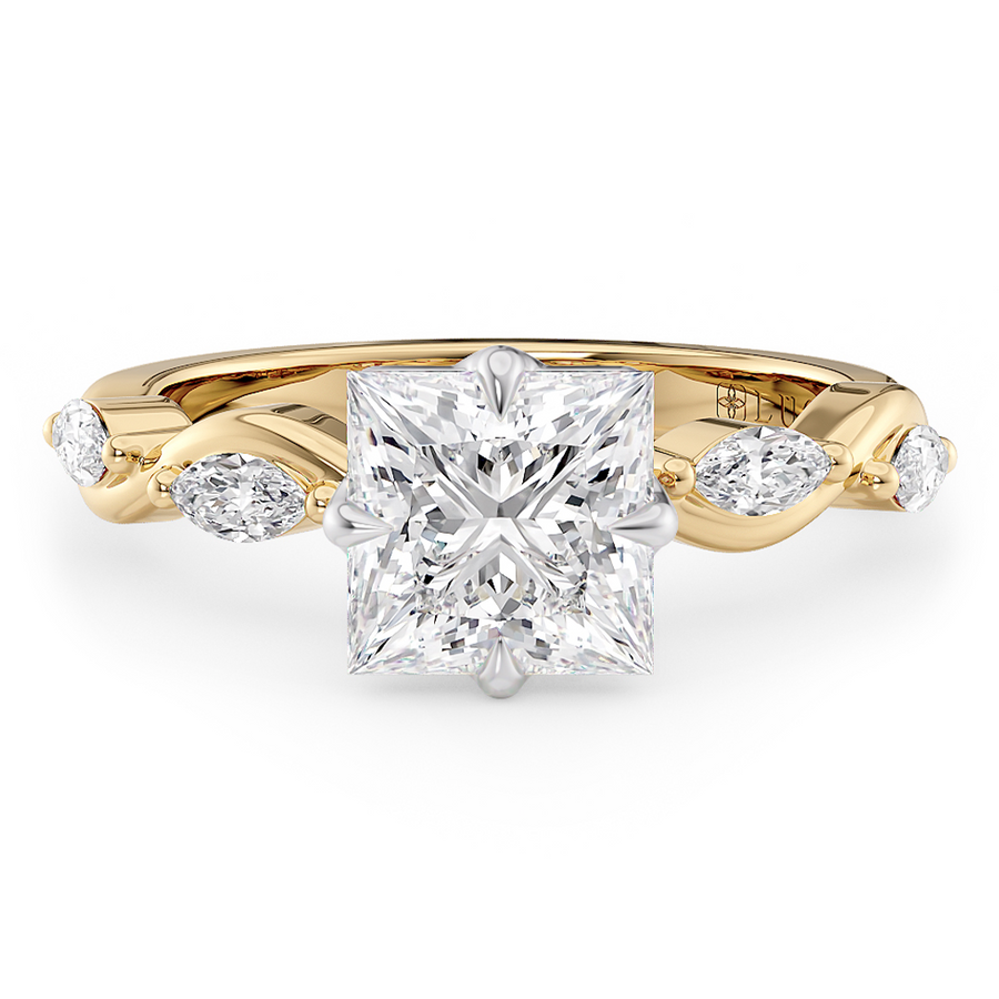 Load image into Gallery viewer, LUCCE Princess Diamond Ring with Marquise Accents in Intertwining Vines and Petal Prongs Mid Setting Engagement Ring in Gold or Platinum 
