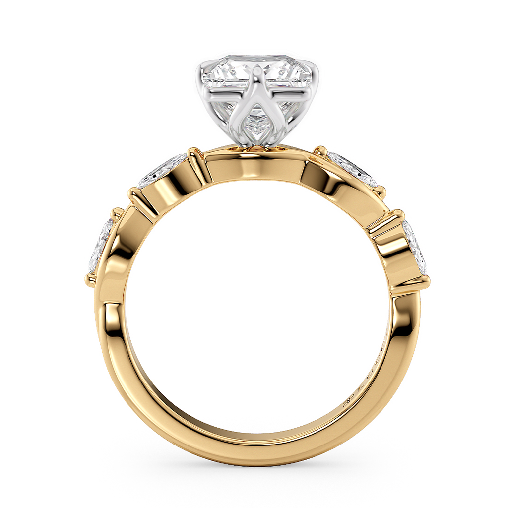 Load image into Gallery viewer, LUCCE Radiant Diamond Ring with Marquise Accents in Intertwining Vines and Petal Prongs Mid Setting Engagement Ring in Gold or Platinum 
