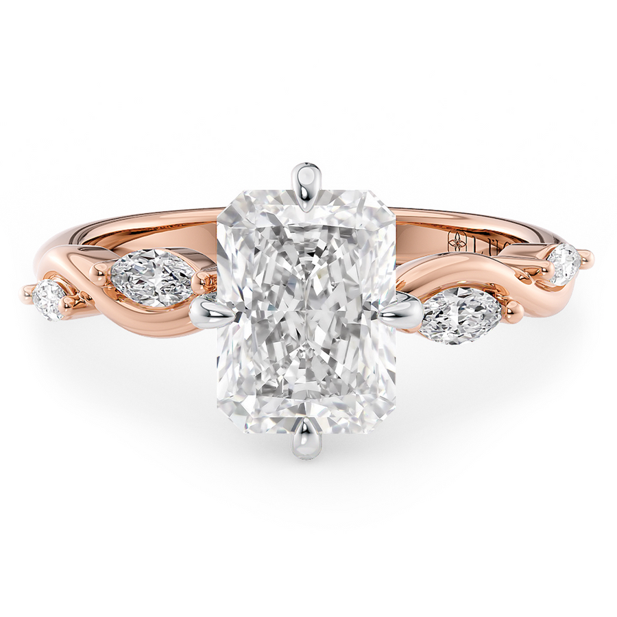 Load image into Gallery viewer, LUCCE Radiant Diamond Ring with Marquise Accents in Intertwining Vines and Petal Prongs Mid Setting Engagement Ring in Gold or Platinum 
