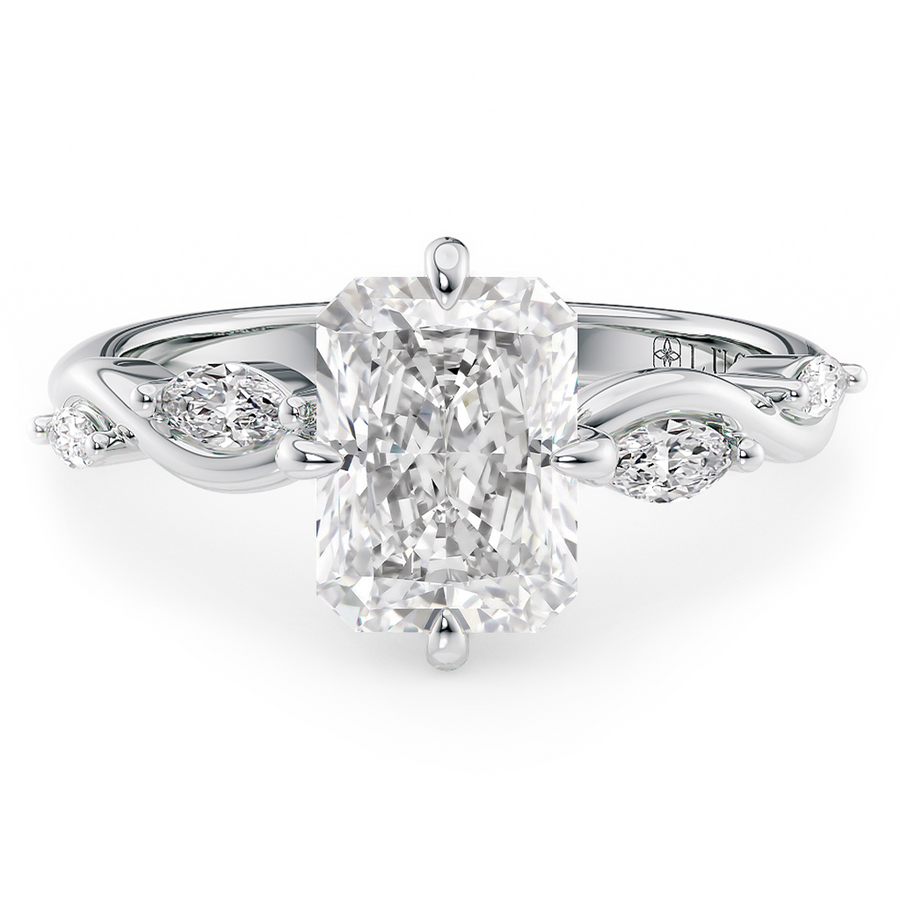 Load image into Gallery viewer, LUCCE Radiant Diamond Ring with Marquise Accents in Intertwining Vines and Petal Prongs Mid Setting Engagement Ring in Gold or Platinum 
