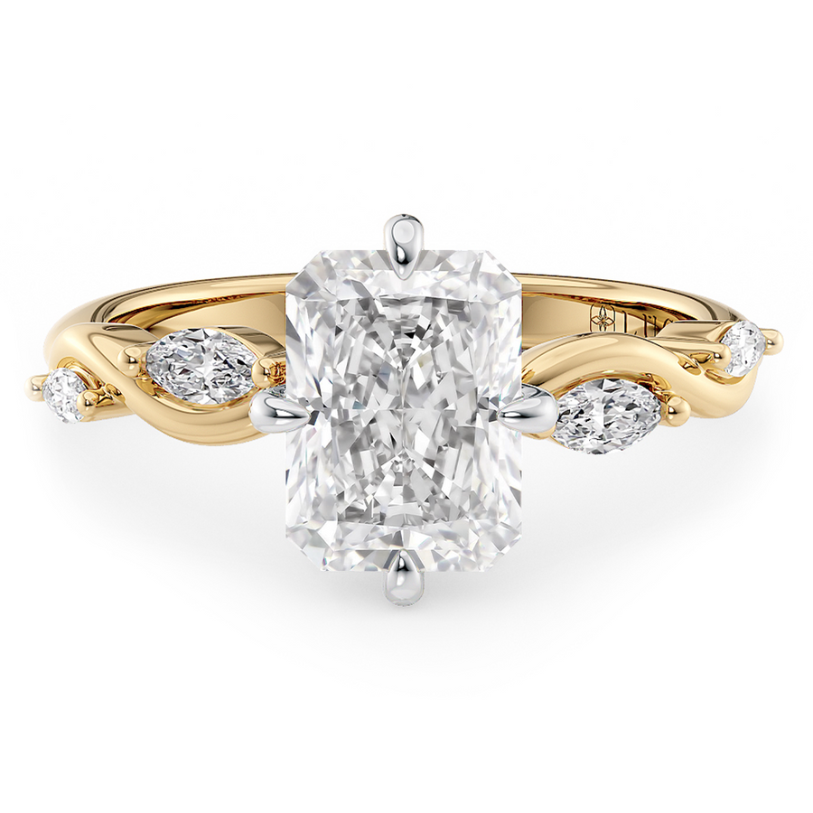 Load image into Gallery viewer, LUCCE Radiant Diamond Ring with Marquise Accents in Intertwining Vines and Petal Prongs Mid Setting Engagement Ring in Gold or Platinum 
