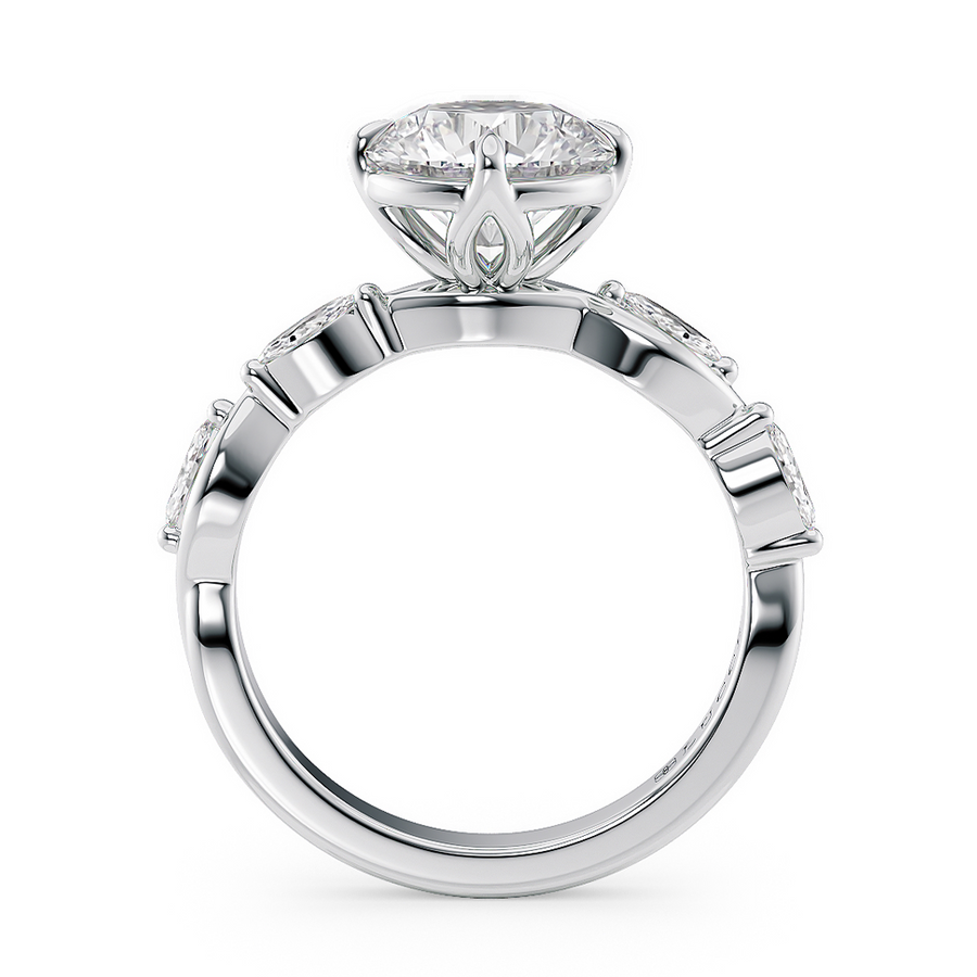 Load image into Gallery viewer, LUCCE Round Diamond Ring with Marquise Accents in Intertwining Vines and Petal Prongs Mid Setting Engagement Ring in Gold or Platinum 
