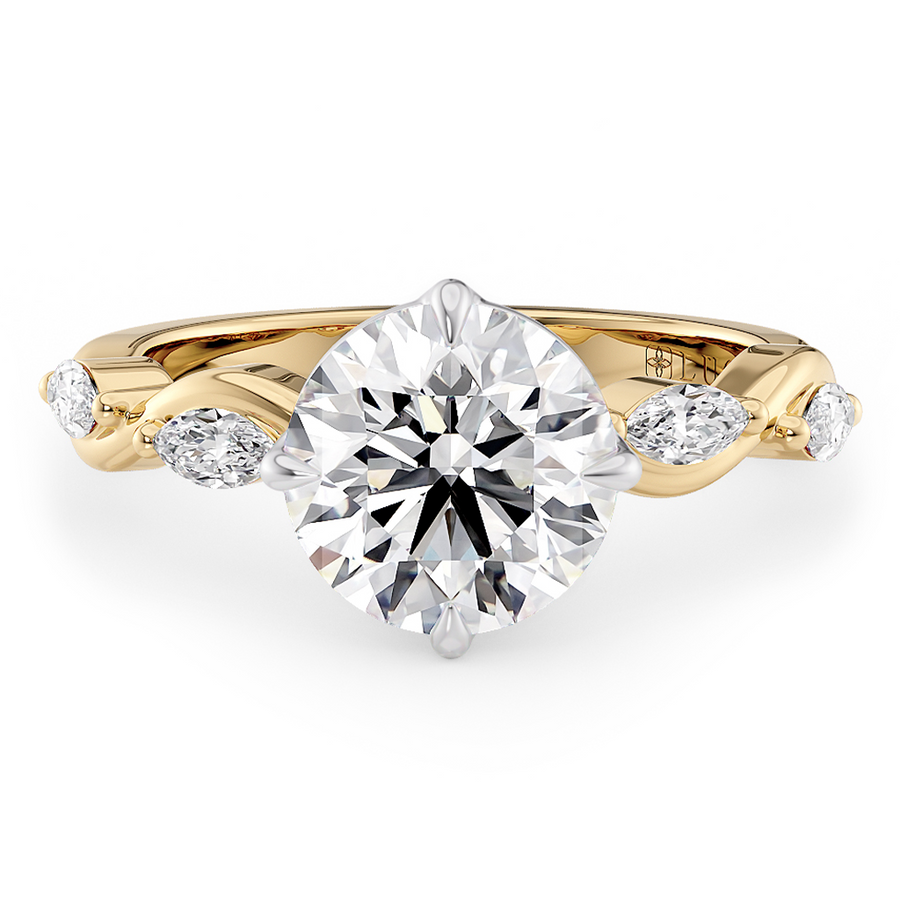 Load image into Gallery viewer, LUCCE Round Diamond Ring with Marquise Accents in Intertwining Vines and Petal Prongs Mid Setting Engagement Ring in Gold or Platinum 
