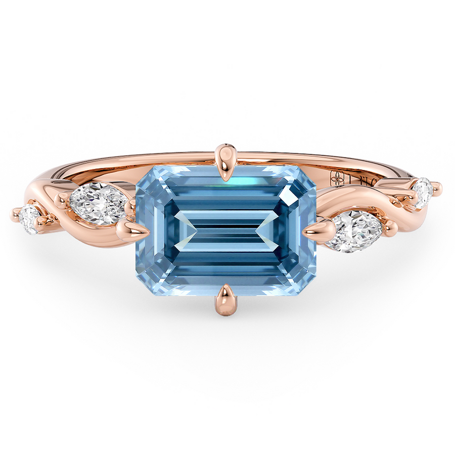 Load image into Gallery viewer, LUCCE Emerald Blue Diamond Engagement Ring on East-West Low Setting with marquise accents in Gold or Platinum
