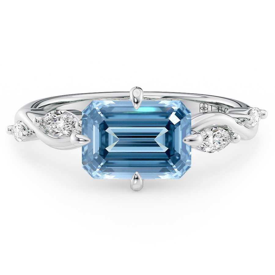 Load image into Gallery viewer, LUCCE Emerald Blue Diamond Engagement Ring on East-West Low Setting with marquise accents in Gold or Platinum
