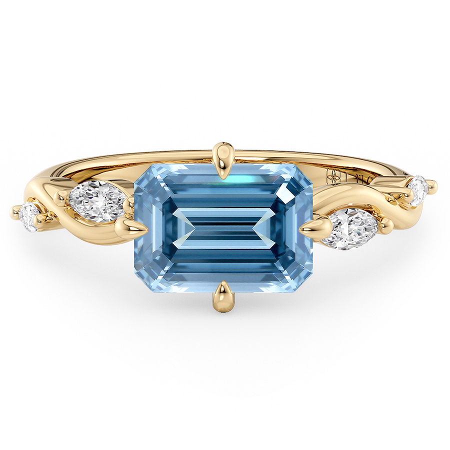 Load image into Gallery viewer, LUCCE Emerald Blue Diamond Engagement Ring on East-West Low Setting with marquise accents in Gold or Platinum
