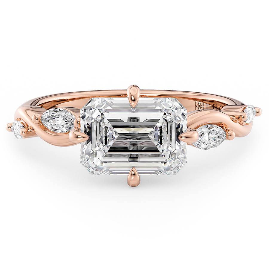 Load image into Gallery viewer, LUCCE Emerald Diamond Engagement Ring on East-West Low Setting with marquise accents in Gold or Platinum
