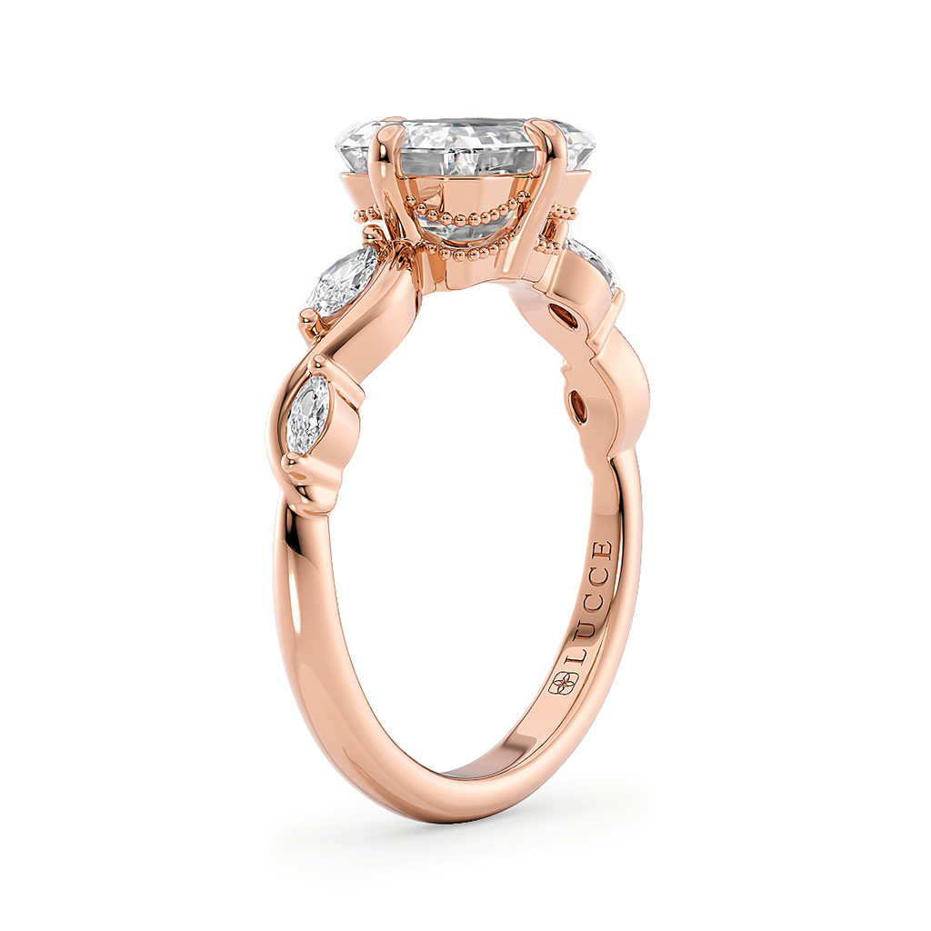 Load image into Gallery viewer, LUCCE Radiant Diamond Engagement Ring on East-West Low Setting with marquise accents in Gold or Platinum
