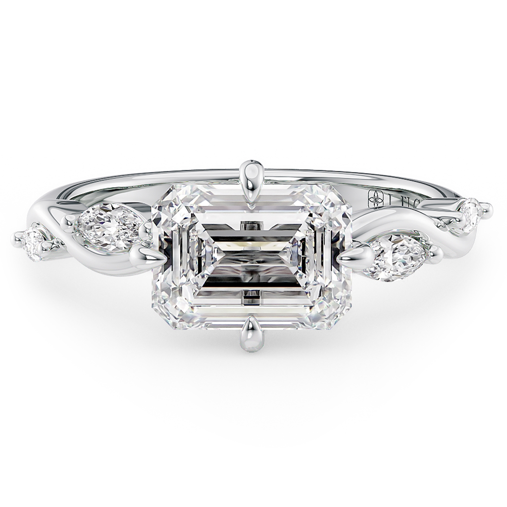 Load image into Gallery viewer, LUCCE Emerald Diamond Engagement Ring on East-West Low Setting with marquise accents in Gold or Platinum
