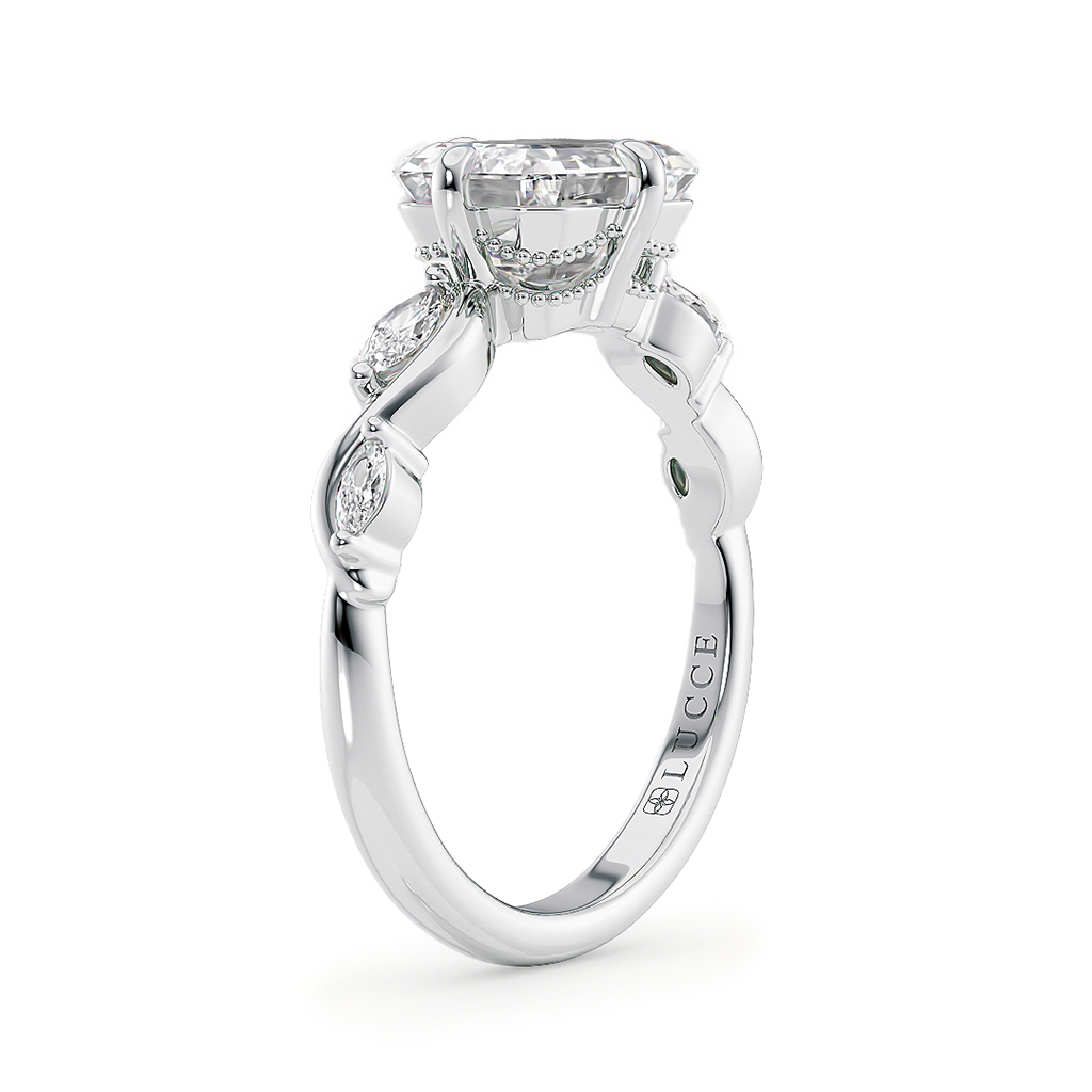 Load image into Gallery viewer, LUCCE Radiant Diamond Engagement Ring on East-West Low Setting with marquise accents in Gold or Platinum
