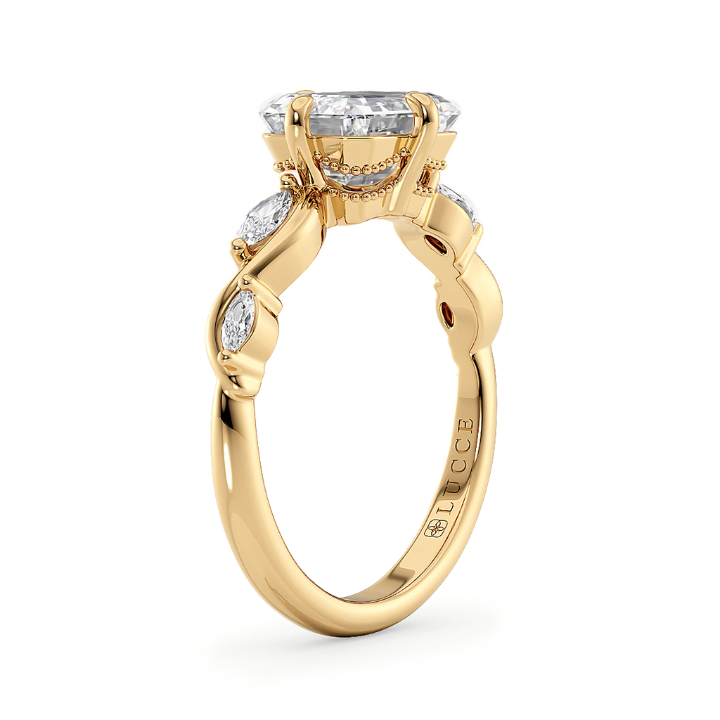 Load image into Gallery viewer, LUCCE Emerald Diamond Engagement Ring on East-West Low Setting with marquise accents in Gold or Platinum
