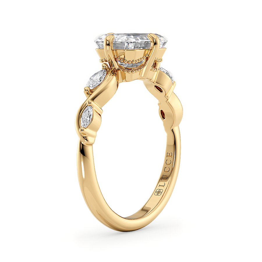 Load image into Gallery viewer, LUCCE Radiant Diamond Engagement Ring on East-West Low Setting with marquise accents in Gold or Platinum
