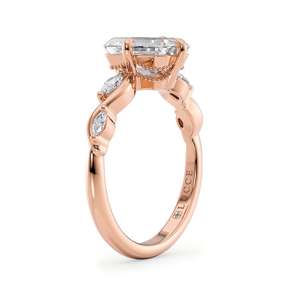 Load image into Gallery viewer, LUCCE Radiant Diamond Engagement Ring on Low Setting with marquise accents in Gold or Platinum
