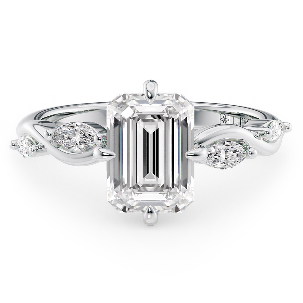Load image into Gallery viewer, LUCCE Emerald Engagement Ring Low Setting with Lab or Natural Diamond and marquise accents in Gold or Platinum
