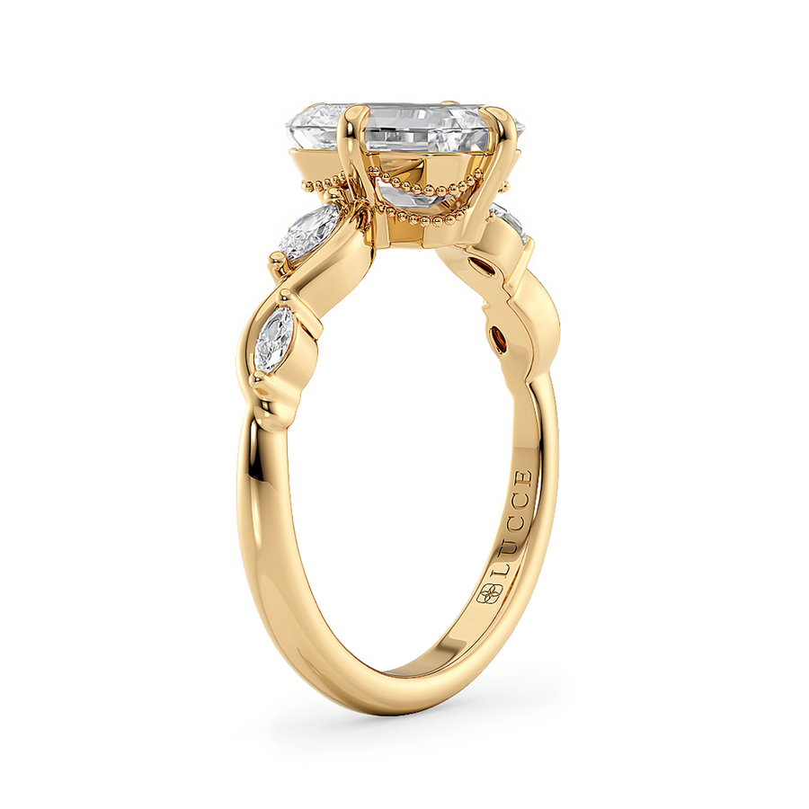 Load image into Gallery viewer, LUCCE Radiant Diamond Engagement Ring on Low Setting with marquise accents in Gold or Platinum

