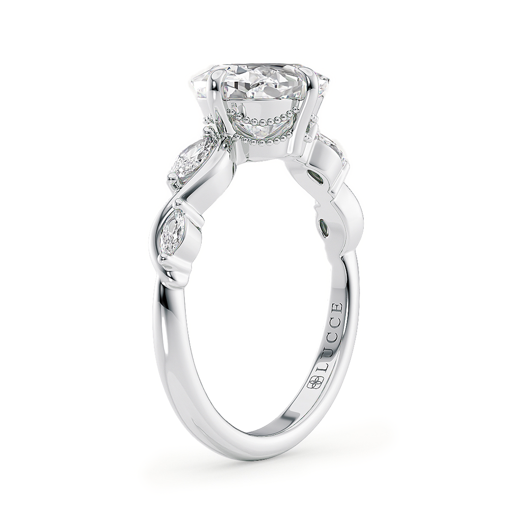 Load image into Gallery viewer, LUCCE Cushion Diamond Engagement Ring on East-West Low Setting with marquise accents in Gold or Platinum
