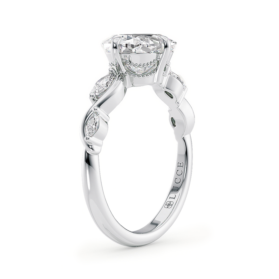 Load image into Gallery viewer, LUCCE Cushion Diamond Engagement Ring on East-West Low Setting with marquise accents in Gold or Platinum
