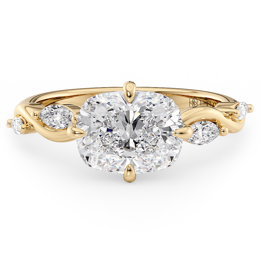 Load image into Gallery viewer, LUCCE Cushion Diamond Engagement Ring on East-West Low Setting with marquise accents in Gold or Platinum
