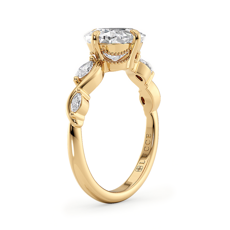 Load image into Gallery viewer, LUCCE Cushion Diamond Engagement Ring on East-West Low Setting with marquise accents in Gold or Platinum
