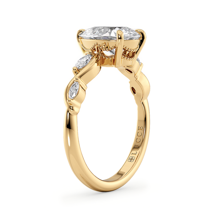 Load image into Gallery viewer, LUCCE Cushion Diamond Engagement Ring on East-West Low Setting with marquise accents in Gold or Platinum
