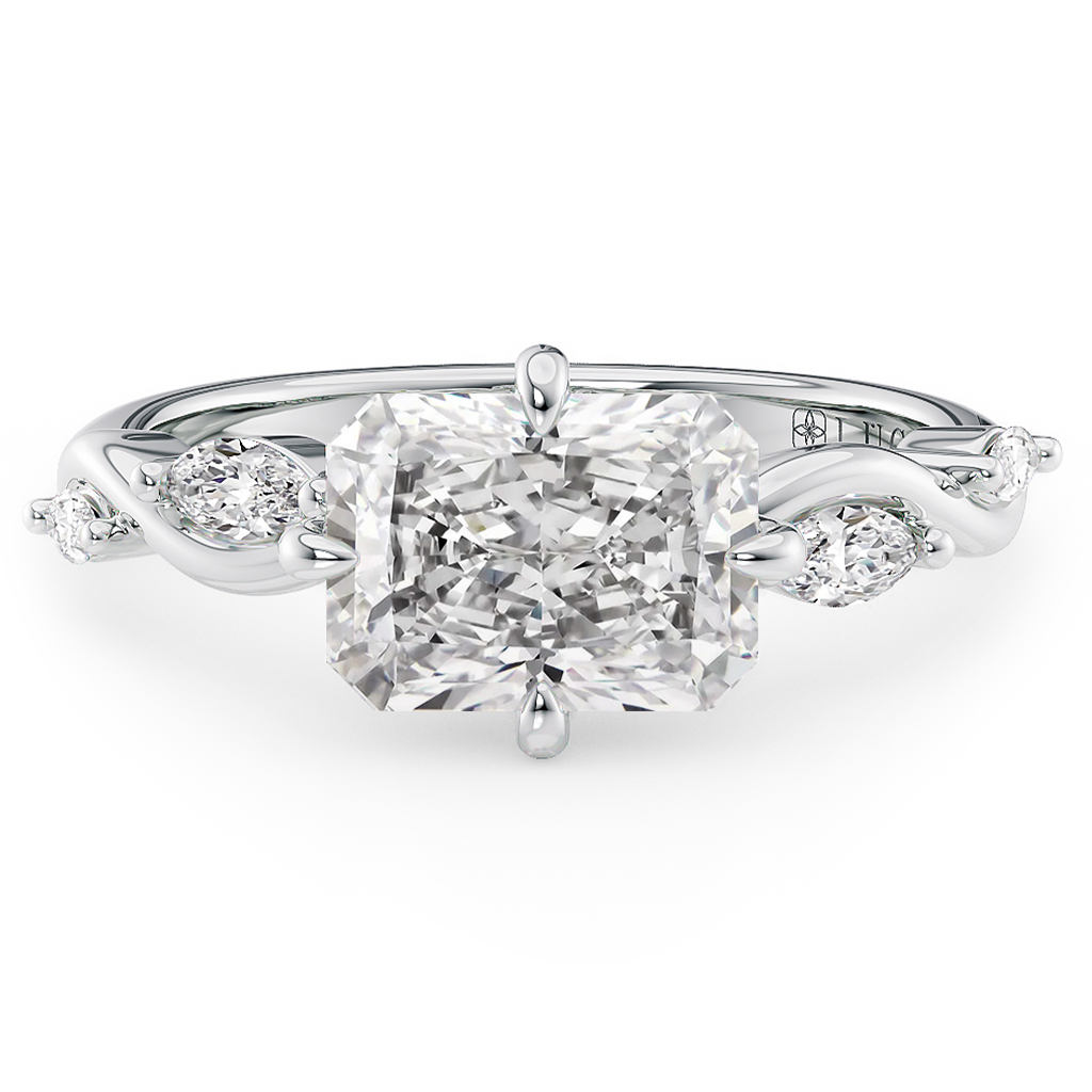 Load image into Gallery viewer, LUCCE Radiant Diamond Engagement Ring on East-West Low Setting with marquise accents in Gold or Platinum
