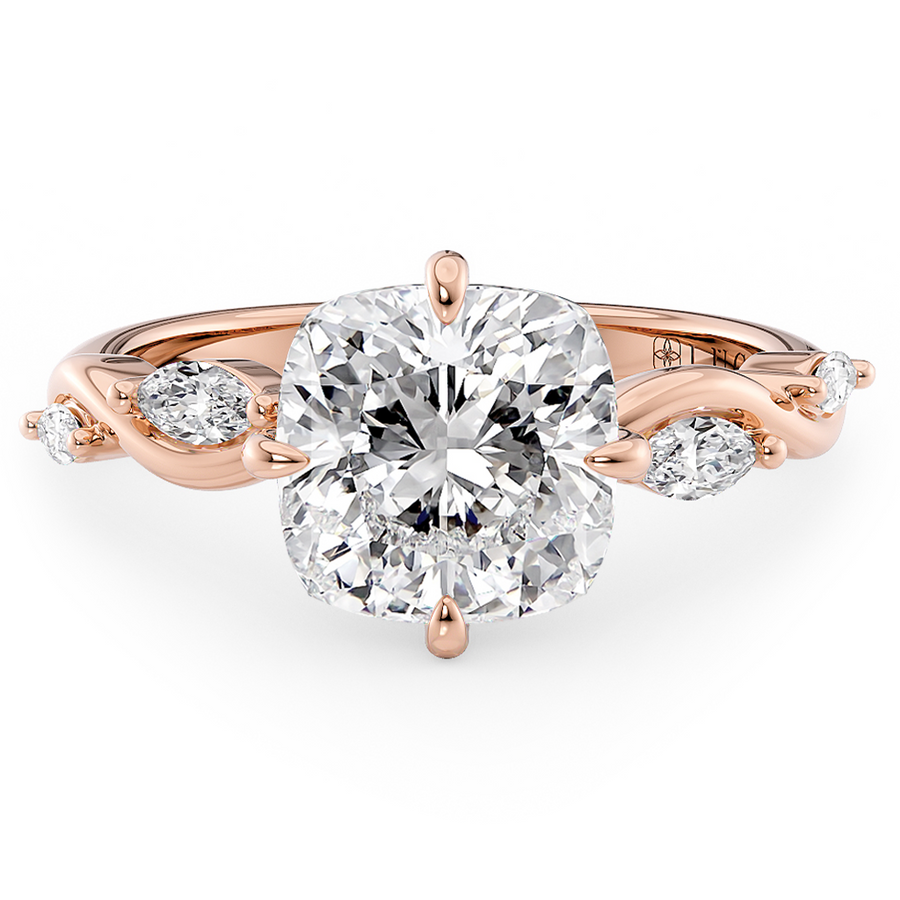 Load image into Gallery viewer, LUCCE Cushion Diamond Engagement Ring on Low Setting with marquise accents in Gold or Platinum
