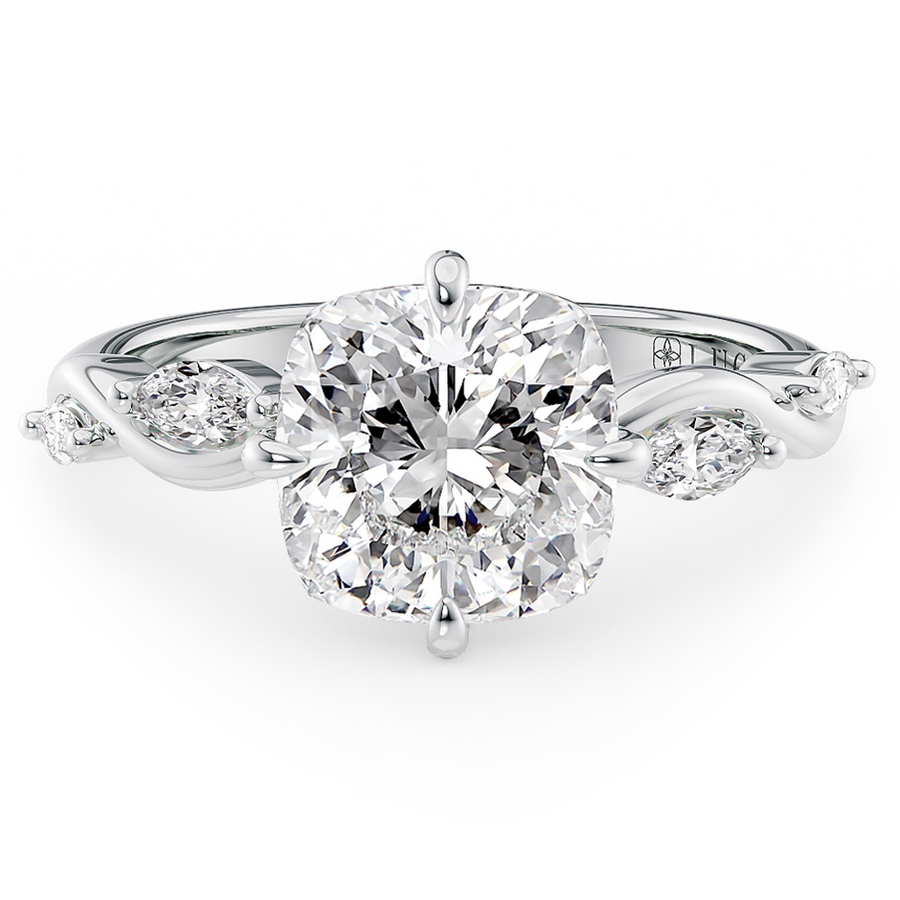 Load image into Gallery viewer, LUCCE Cushion Diamond Engagement Ring on Low Setting with marquise accents in Gold or Platinum
