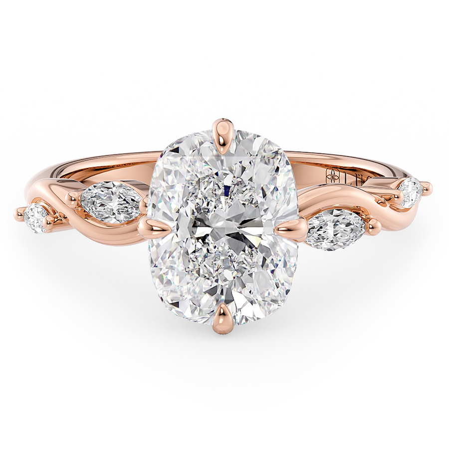 Load image into Gallery viewer, LUCCE Cushion Diamond Engagement Ring on Low Setting with marquise accents in Gold or Platinum
