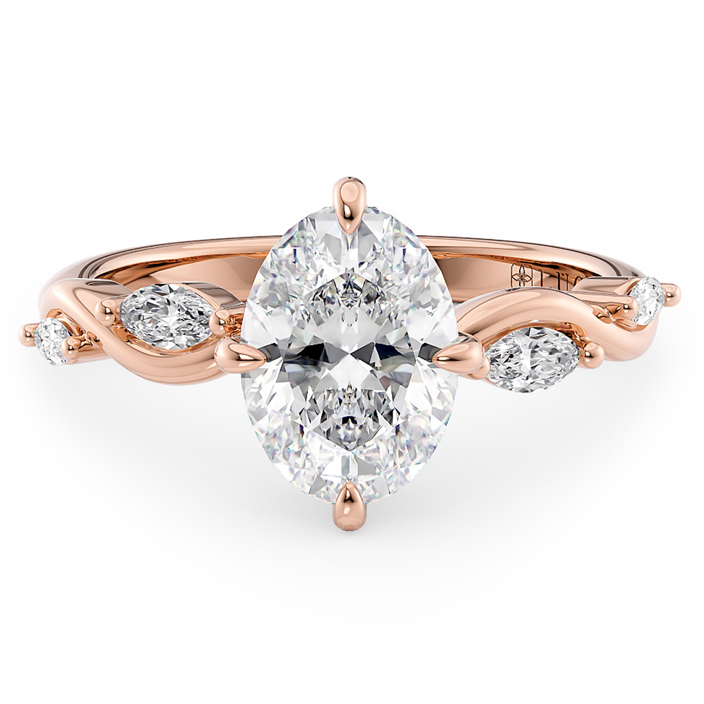 Load image into Gallery viewer, LUCCE Oval Engagement Ring Low Setting with Lab or Natural Diamond and marquise accents in Gold or Platinum
