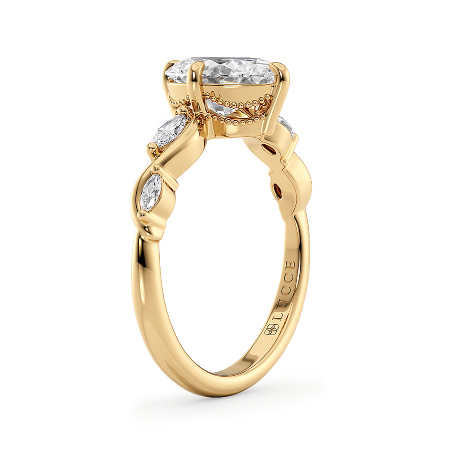 Load image into Gallery viewer, LUCCE Oval Engagement Ring Low Setting with Lab or Natural Diamond and marquise accents in Gold or Platinum
