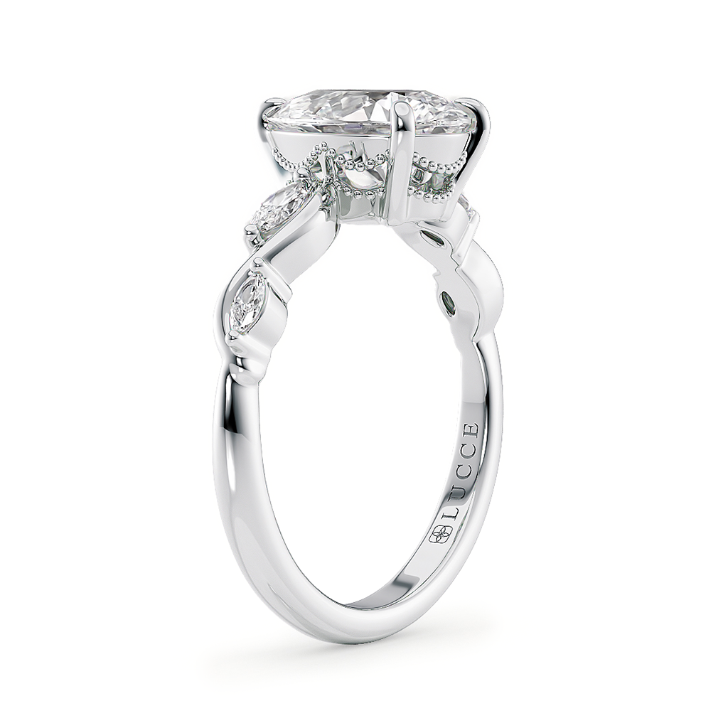 Load image into Gallery viewer, LUCCE Pear Engagement Ring Low Setting with Lab or Natural Diamond and marquise accents in Gold or Platinum
