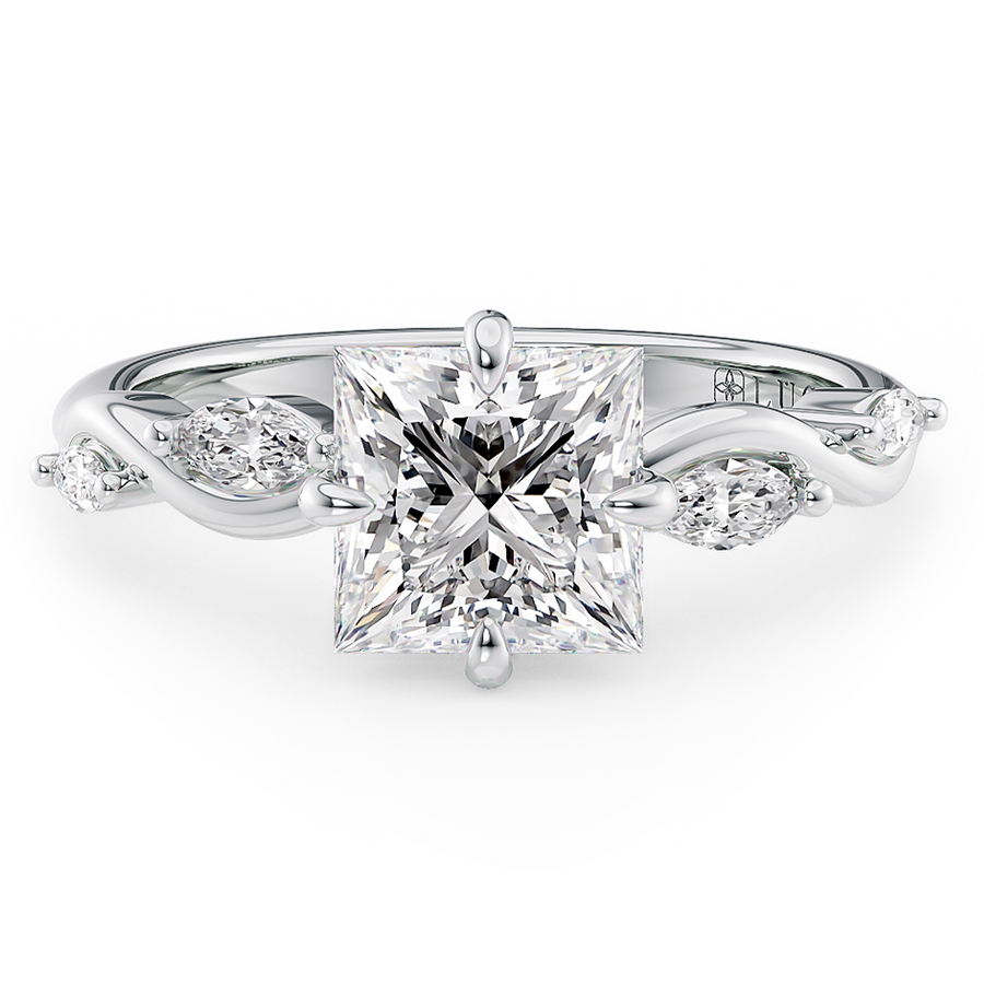 Load image into Gallery viewer, LUCCE Princess Engagement Ring Low Setting with Lab or Natural Diamond and marquise accents in Gold or Platinum
