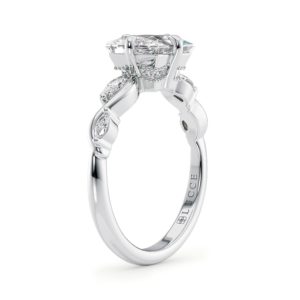 Load image into Gallery viewer, LUCCE Princess Engagement Ring Low Setting with Lab or Natural Diamond and marquise accents in Gold or Platinum
