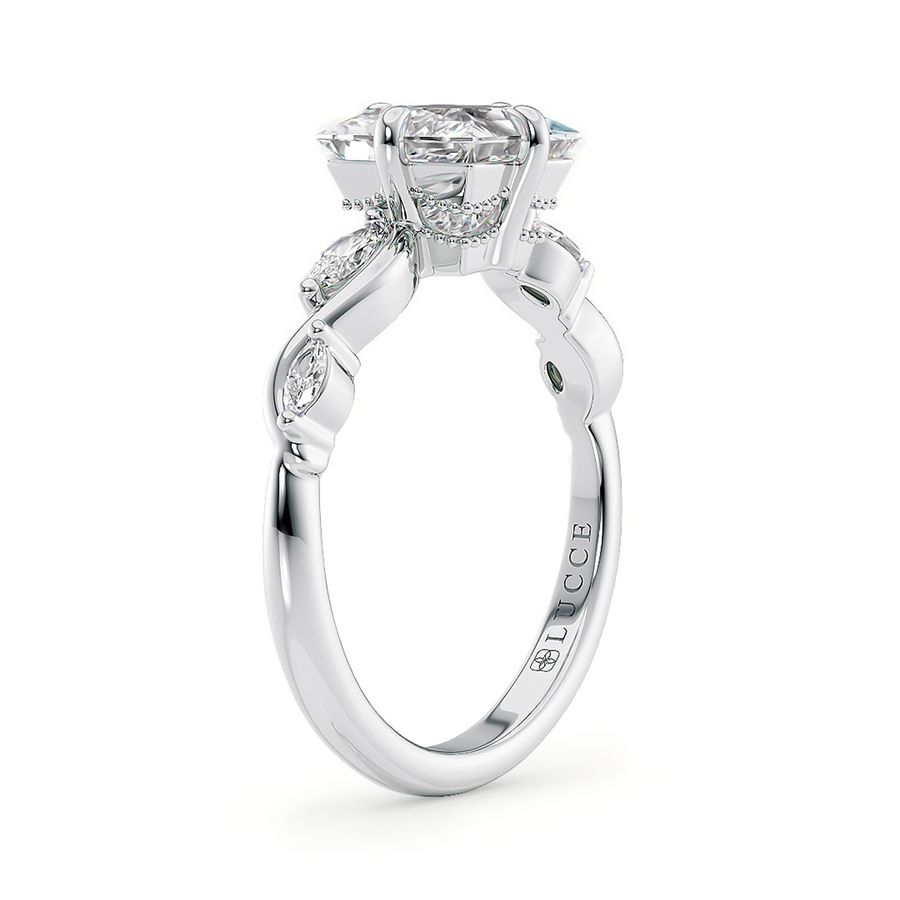 Load image into Gallery viewer, LUCCE Princess Engagement Ring Low Setting with Lab or Natural Diamond and marquise accents in Gold or Platinum
