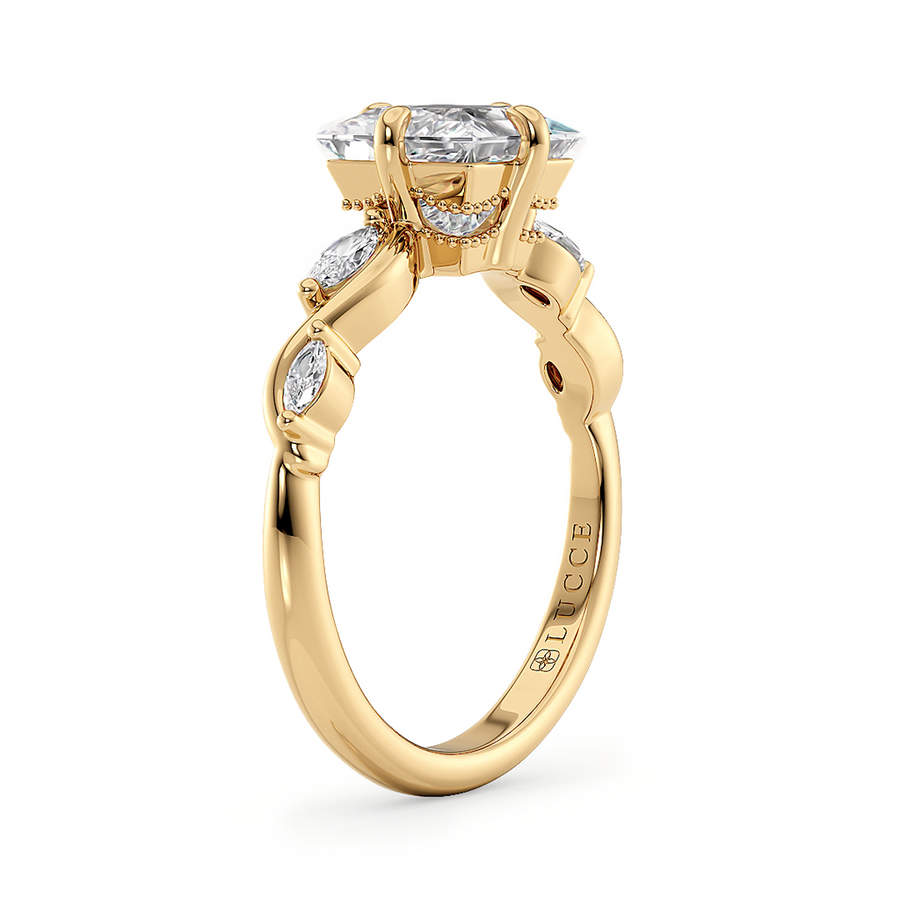 Load image into Gallery viewer, LUCCE Princess Engagement Ring Low Setting with Lab or Natural Diamond and marquise accents in Gold or Platinum
